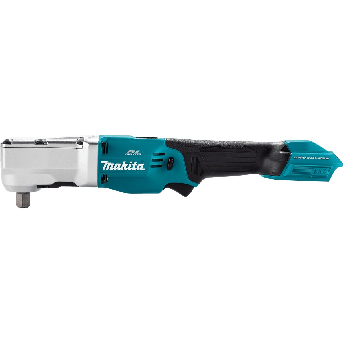 Side profile of the Makita XLT05Z cordless angle impact wrench displaying the slim barrel handle and forward-reverse switch.