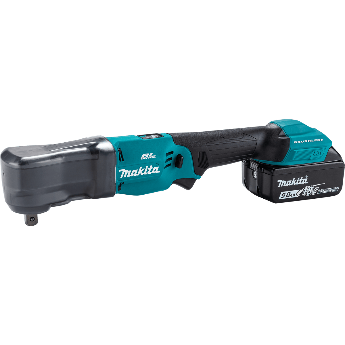 Makita XLT05Z right-angle impact wrench fitted with an 18V 5.0Ah battery and semi-transparent protective gearcase boot.