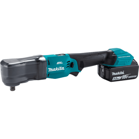 Makita XLT05Z right-angle impact wrench fitted with an 18V 5.0Ah battery and semi-transparent protective gearcase boot.
