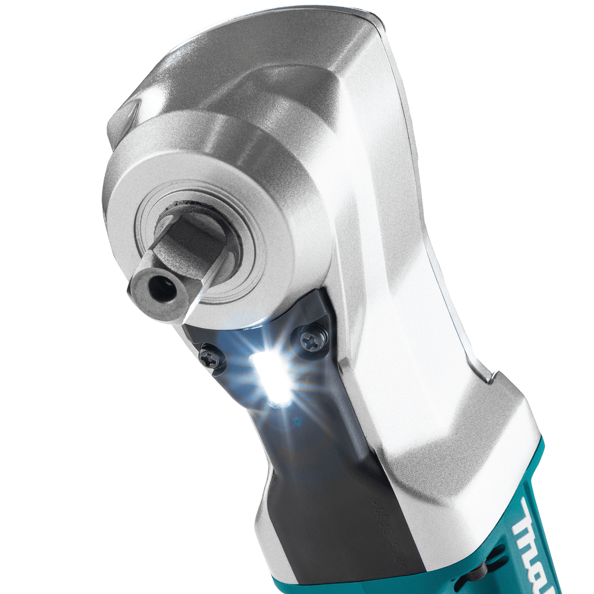 Illuminated twin LED headlights casting shadow-free light across the 1/2-inch square drive detent pin anvil on Makita XLT05.