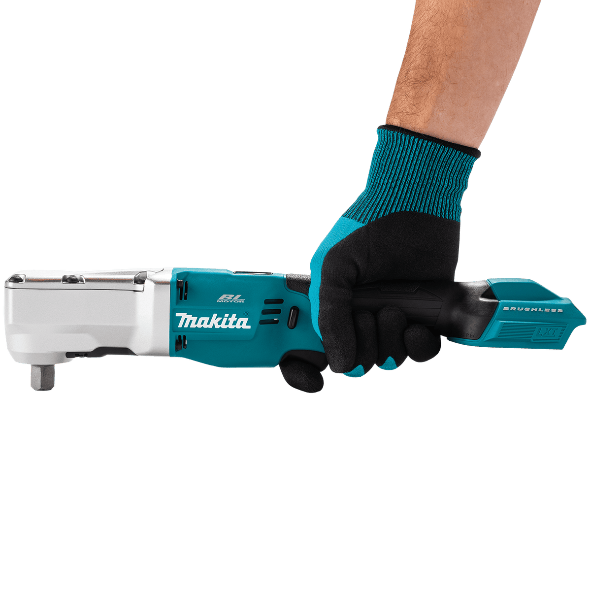Gloved technician gripping the ergonomic slim body of the Makita XLT05Z cordless angle impact wrench during service work.