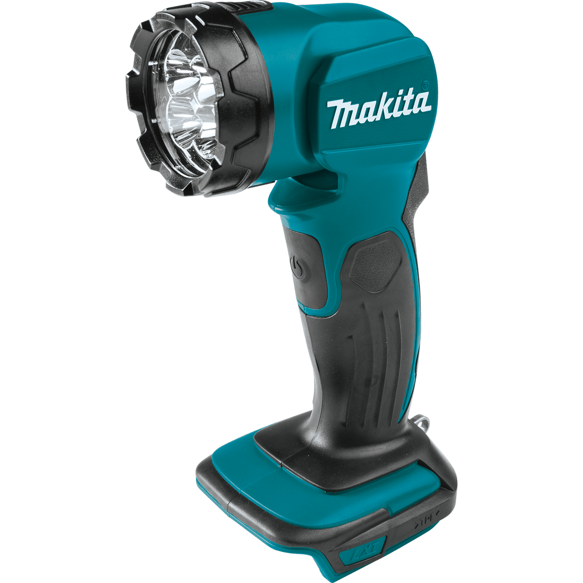 Makita DML815 18V LXT cordless L.E.D. flashlight with a 12-position pivoting head designed for hands-free jobsite panel inspection.