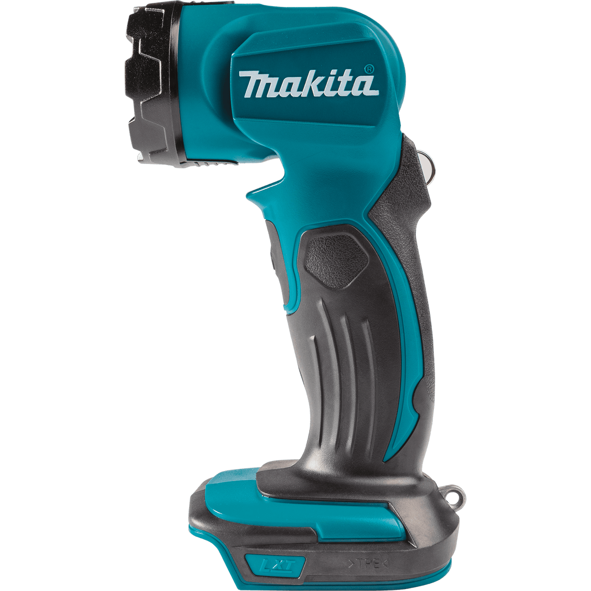 Side profile of the Makita DML815 cordless flashlight showing its ergonomic rubberized grip handle and LXT slide battery dock.