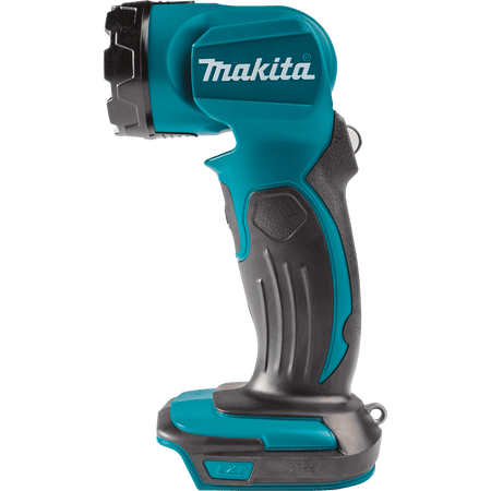 Side profile of the Makita DML815 cordless flashlight showing its ergonomic rubberized grip handle and LXT slide battery dock.