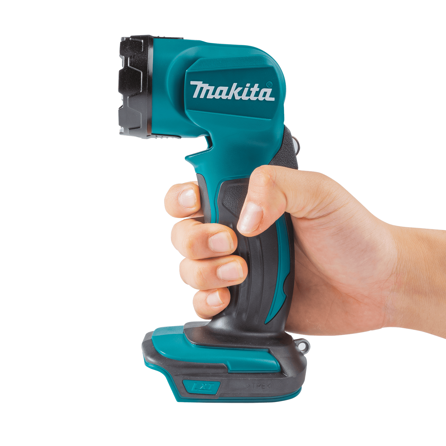 Hand holding the compact Makita DML815 18V flashlight demonstrating its lightweight 1.95-pound balanced design for crawlspace work.