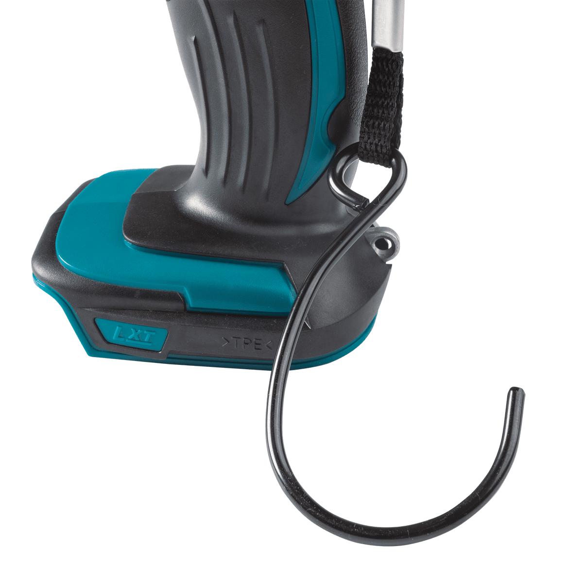 Base of the Makita DML815 cordless worklight showing the attached metal hang hook used for hands-free overhead joist mounting.