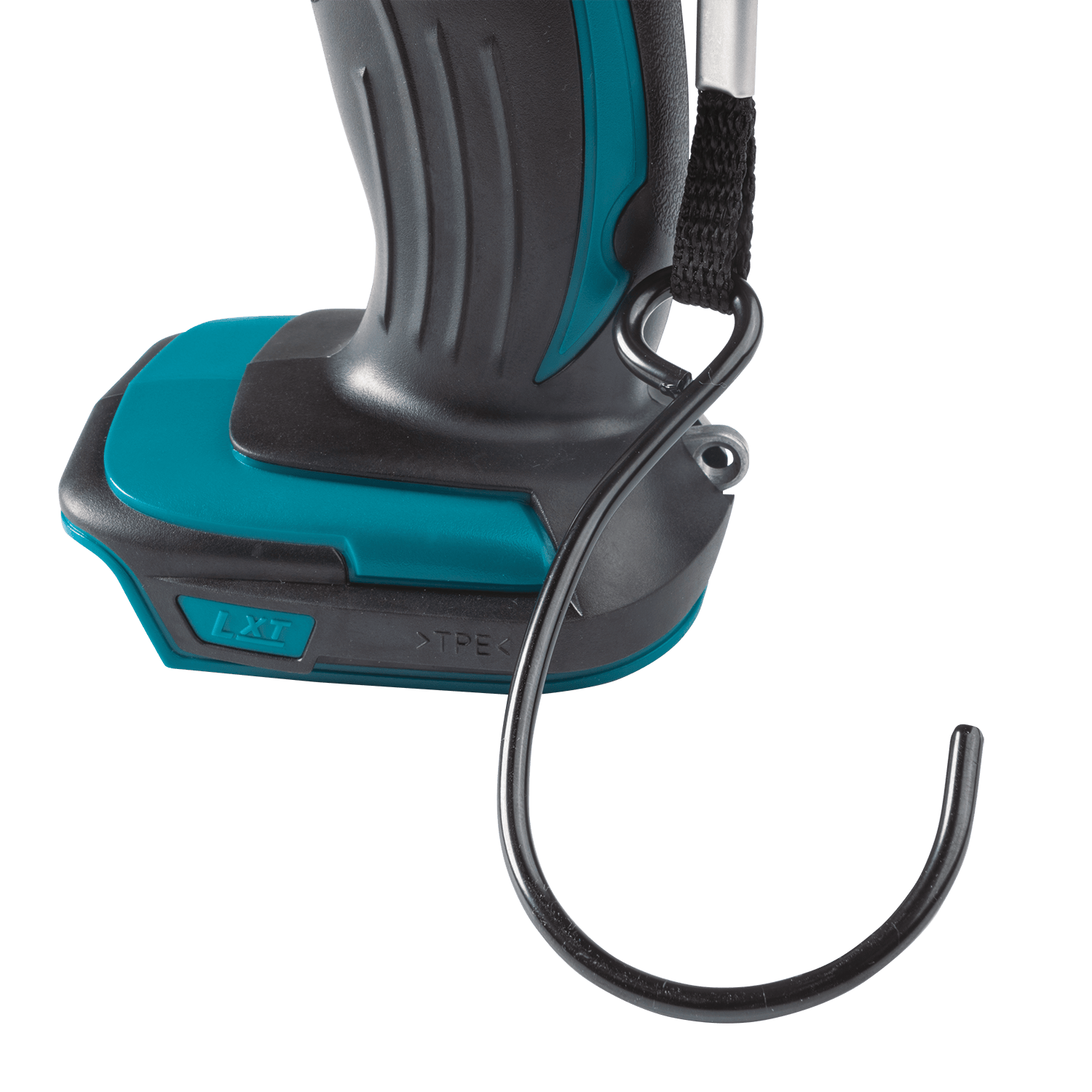 Base of the Makita DML815 cordless worklight showing the attached metal hang hook used for hands-free overhead joist mounting.
