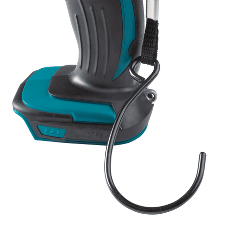 Base of the Makita DML815 cordless worklight showing the attached metal hang hook used for hands-free overhead joist mounting.
