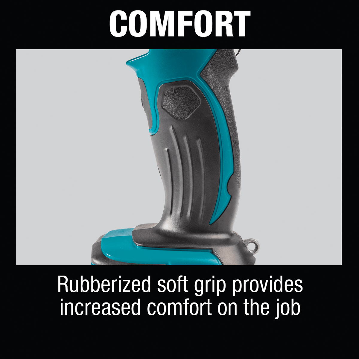 Graphic highlighting the rubberized soft grip handle on the Makita DML815 worklight that reduces slip during mechanical repairs.