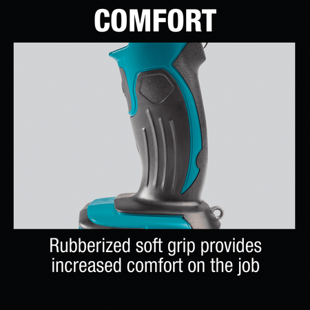 Graphic highlighting the rubberized soft grip handle on the Makita DML815 worklight that reduces slip during mechanical repairs.