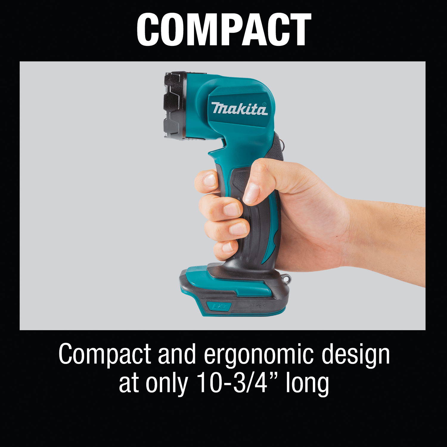 Graphic illustrating the compact 10-3/4 inch total length of the Makita DML815 flashlight for fitting into tight electrical boxes.