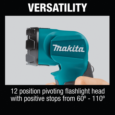 Versatility graphic showing the 12-position pivoting head with positive detents adjustable from 60 degrees to 110 degrees.