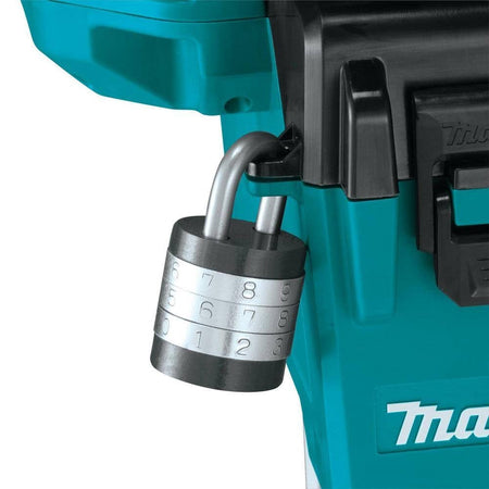 Detailed view of the Makita DML813 lockable battery compartment with a combination padlock attached to illustrate jobsite security for 18V LXT Lithium-Ion batteries.