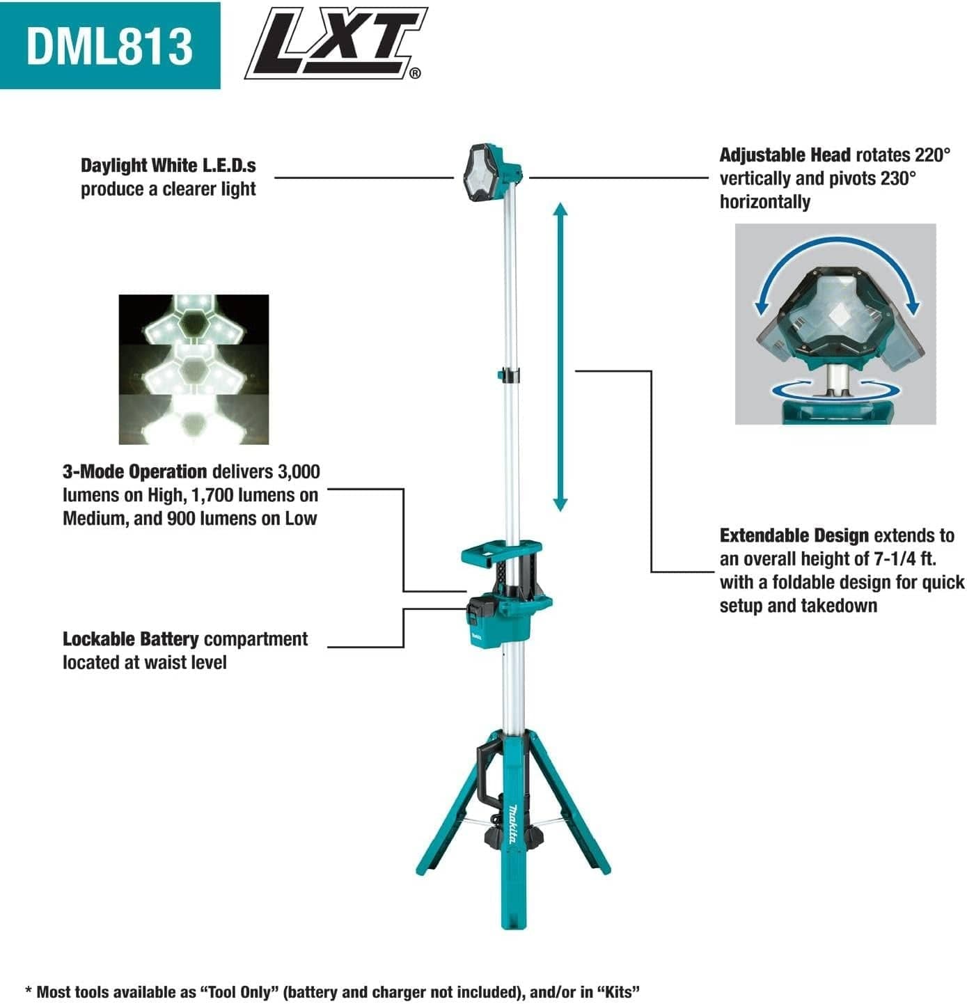 Technical diagram of the Makita DML813 tower light highlighting daylight white LEDs, 3-mode operation up to 3000 lumens, a lockable battery compartment, and an adjustable head that rotates and pivots.