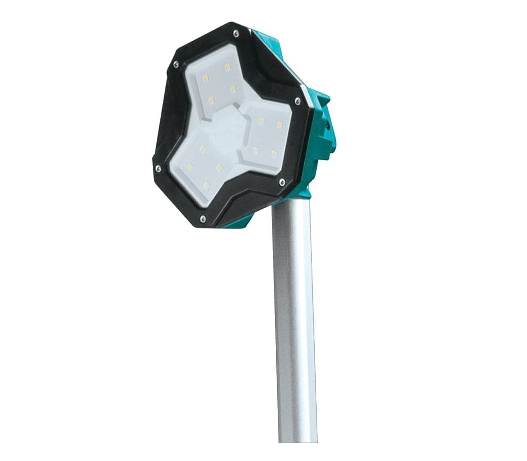 Close-up view of the Makita DML813 LED lamp head showing the multi-bulb array designed to produce clear daylight white illumination for construction sites.