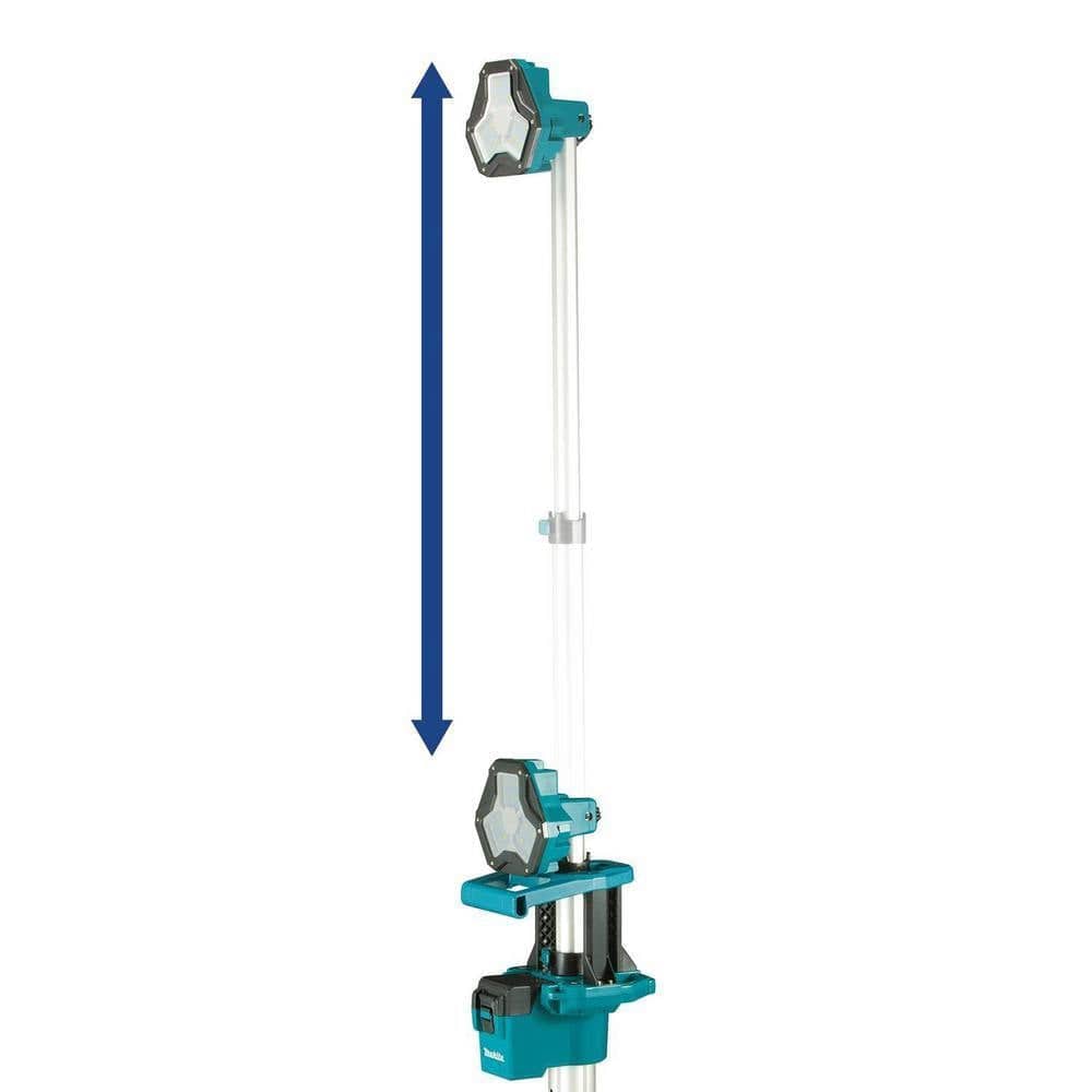 Side-by-side comparison showing the Makita 18V LXT tower light in both its compact folded state and its fully extended 7-1/4 foot overall height.