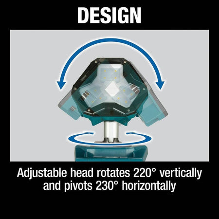 Detailed graphic demonstrating the DML813 lighting versatility with an adjustable head that rotates 220 degrees vertically and pivots 230 degrees horizontally for precision light placement.