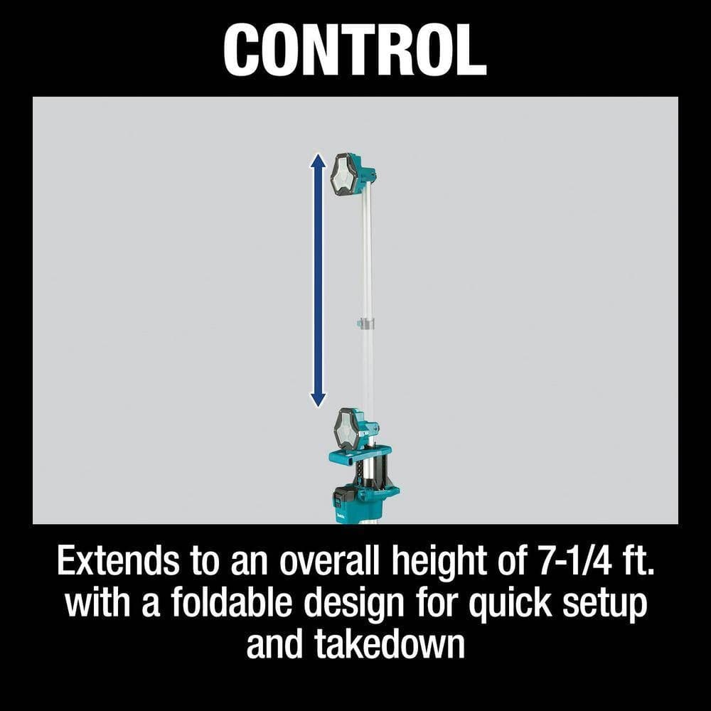 Product feature graphic showing the Makita DML813 extending to its 7-1/4 foot height and noting the foldable design for quick setup and takedown on the job site.