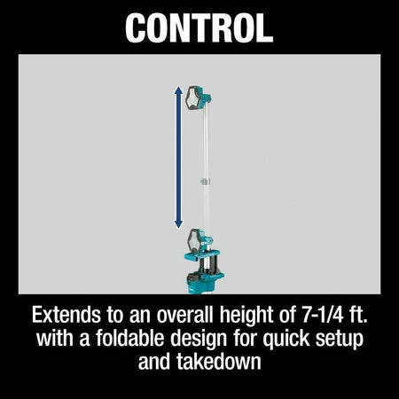 Product feature graphic showing the Makita DML813 extending to its 7-1/4 foot height and noting the foldable design for quick setup and takedown on the job site.