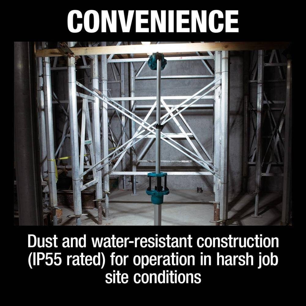 The Makita DML813 cordless tower light illuminating a dark interior construction area, demonstrating its IP55-rated dust and water-resistant construction for harsh conditions.