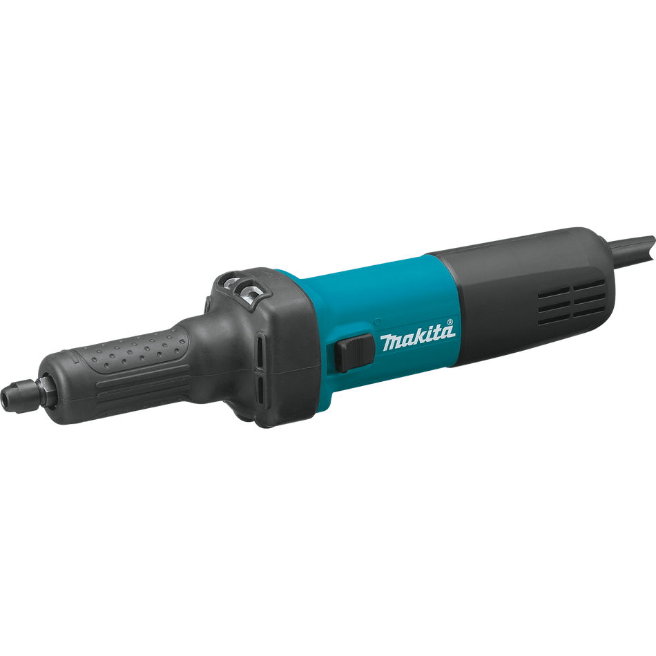 Makita GD0601 3.5-amp 1/4-inch corded die grinder showing its slim turquoise barrel grip and collet chuck.