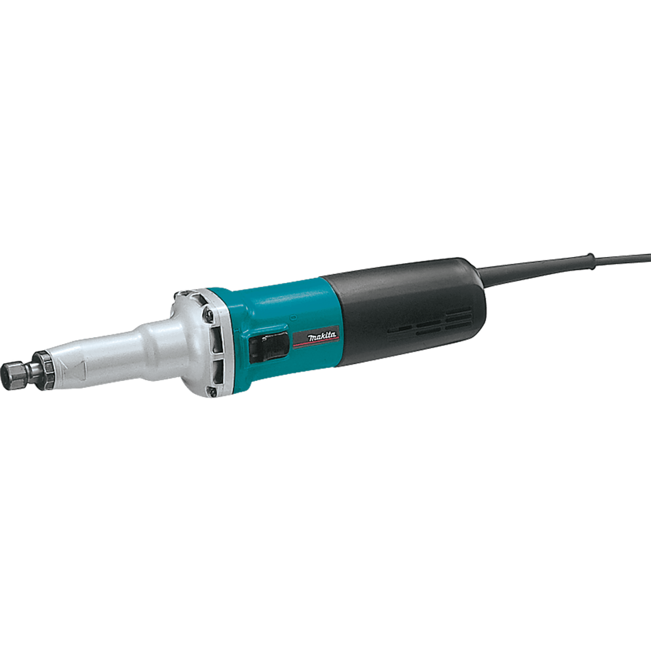 Makita GD0800C 6.6-amp 1/4-inch SJS die grinder showing its sleek turquoise body, metal gear housing, and collet.