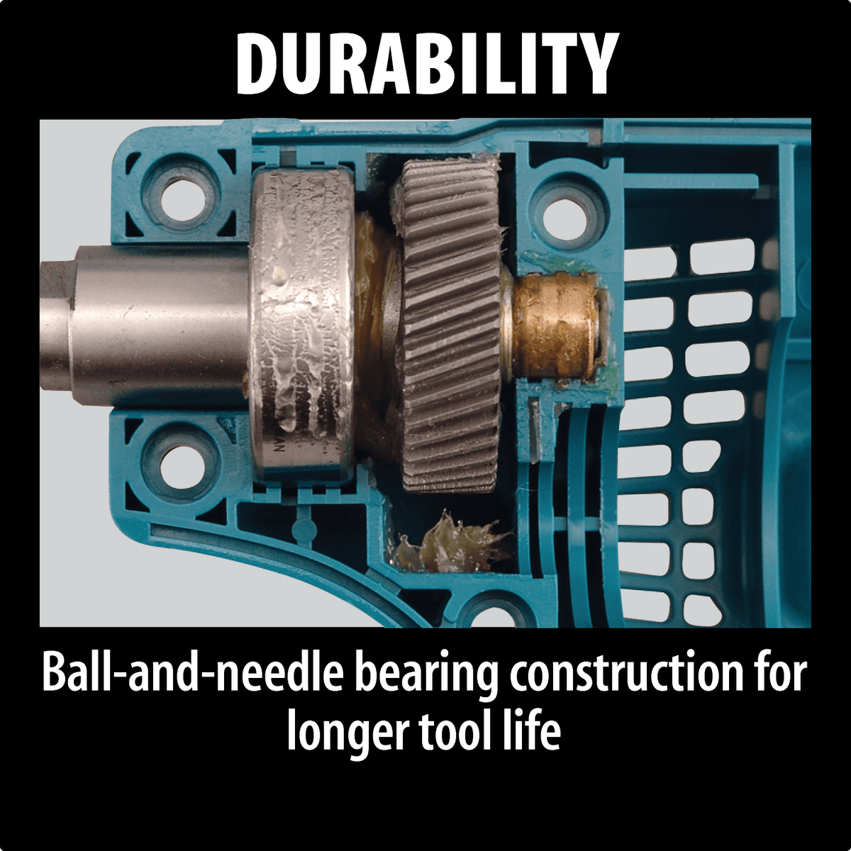 Internal cross-section view of the Makita sander highlighting the heavy-duty ball-and-needle bearing construction.