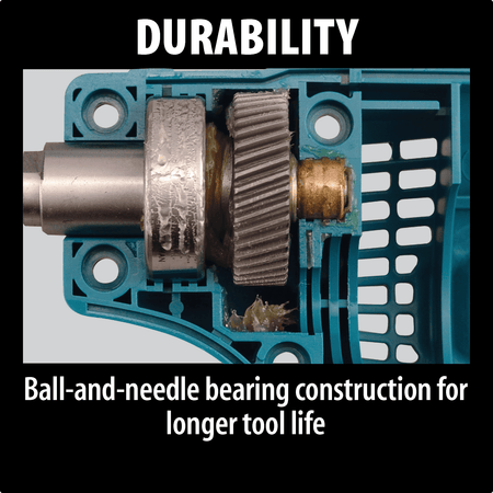 Internal cross-section view of the Makita sander highlighting the heavy-duty ball-and-needle bearing construction.