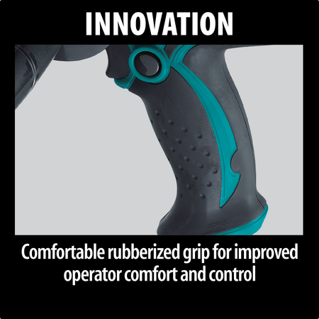 Close-up of the rubberized soft-grip handle on the Makita disc sander for enhanced operator control and comfort.
