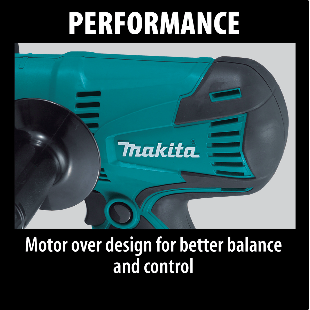 Side profile of the Makita GV5010 showing its motor-over body design engineered for superior balance and control.