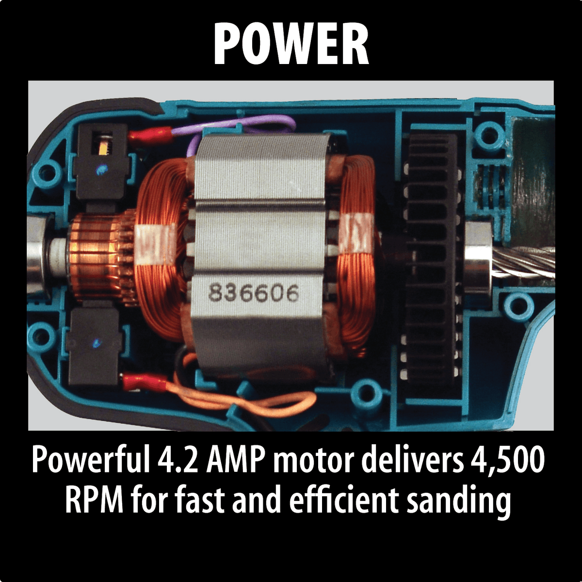 Internal view of the Makita copper-wound motor armature delivering 4,500 RPM for efficient surface sanding.