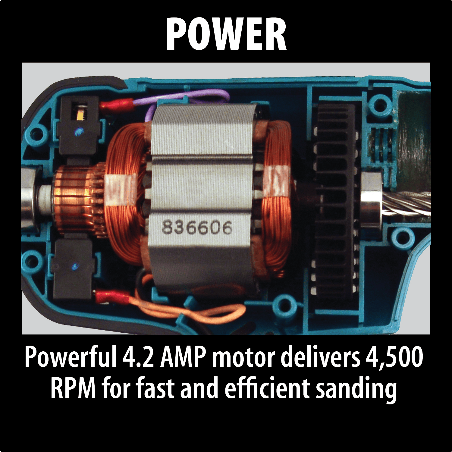 Internal view of the Makita copper-wound motor armature delivering 4,500 RPM for efficient surface sanding.