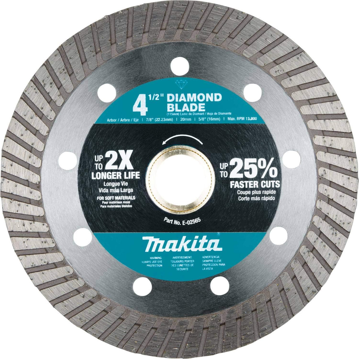 This is an image of a 4 1/2 inch Makita diamond blade for soft materials. The circular blade has a segmented diamond cutting edge and features a central arbor hole, along with product information and the Makita logo printed on its surface.