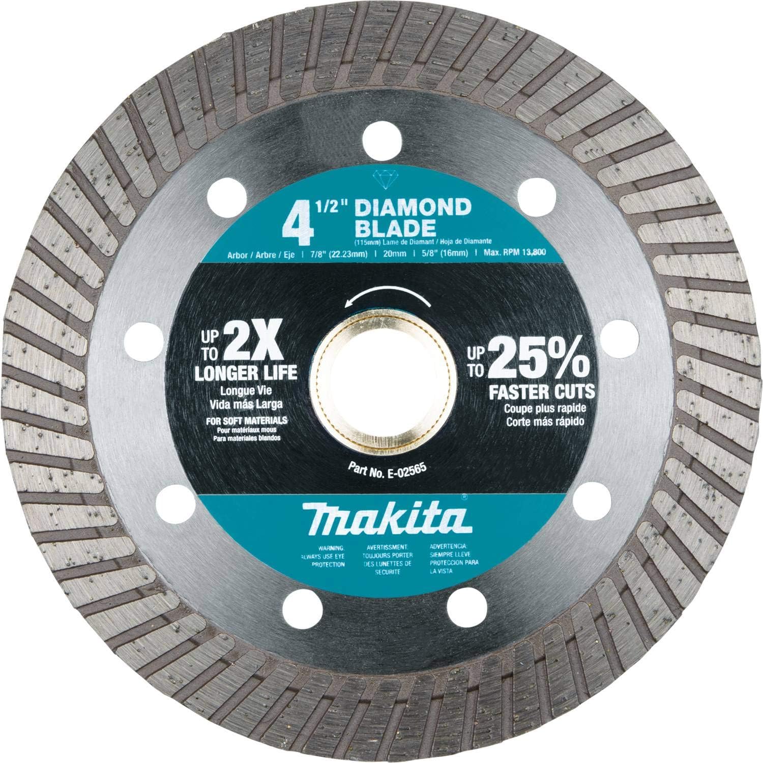 This is an image of a 4 1/2 inch Makita diamond blade for soft materials. The circular blade has a segmented diamond cutting edge and features a central arbor hole, along with product information and the Makita logo printed on its surface.