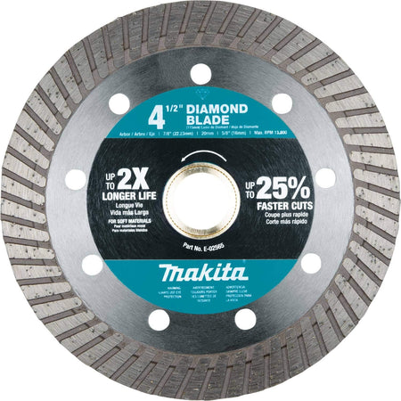This is an image of a 4 1/2 inch Makita diamond blade for soft materials. The circular blade has a segmented diamond cutting edge and features a central arbor hole, along with product information and the Makita logo printed on its surface.