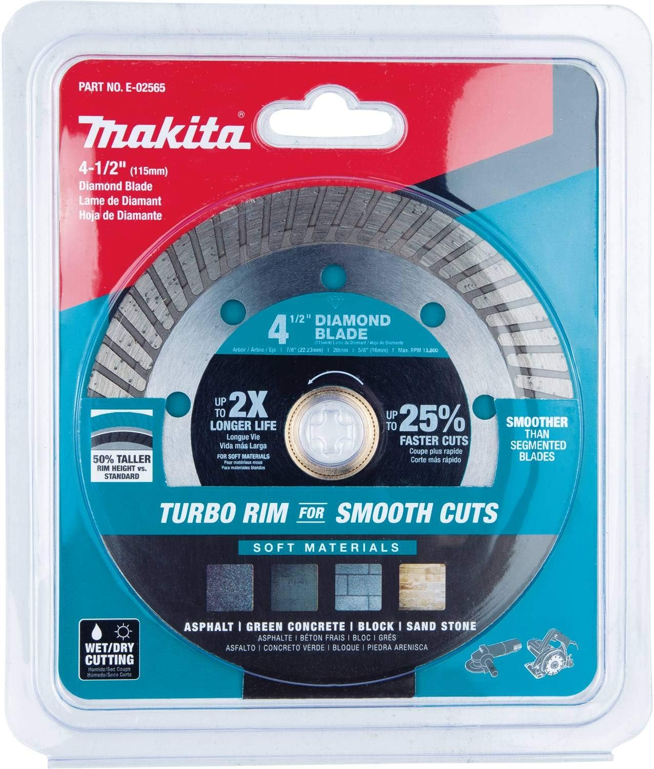 
This image depicts a 4 1/2 inch Makita diamond blade designed for soft materials. The blade is circular with a segmented diamond cutting edge and a central hole, displaying product details and the Makita logo.
