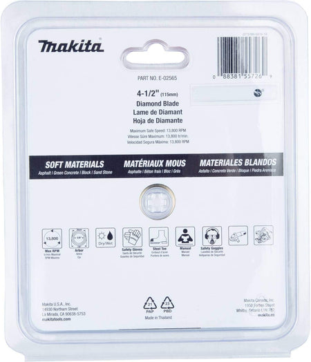 Back of the Retail packaging for the Makita E-02565 4-1/2 inch turbo rim diamond blade, highlighting its compatibility with soft materials like green concrete, asphalt, and block.