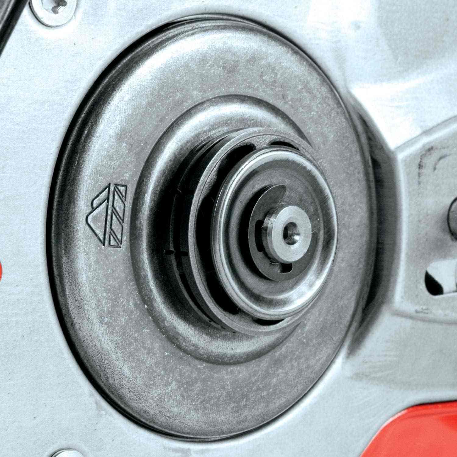 Detailed view of the metal floating rim sprocket and clutch drum mechanism on the side of the chainsaw powerhead.