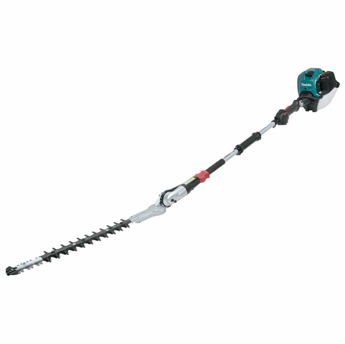 Studio view of the Makita EN4951SH 20-inch articulating hedge trimmer featuring a teal 4-stroke engine, short shaft, and adjustable blade assembly.