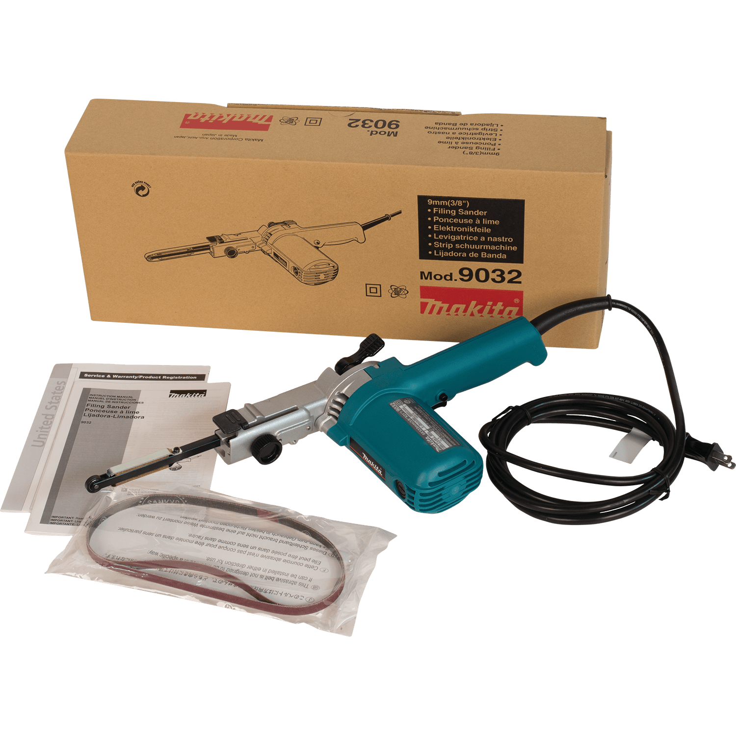 Makita 9032 detail belt sander kit box displaying the instruction manual, 3/8-inch arm assembly, and included 80-grit abrasive belts.