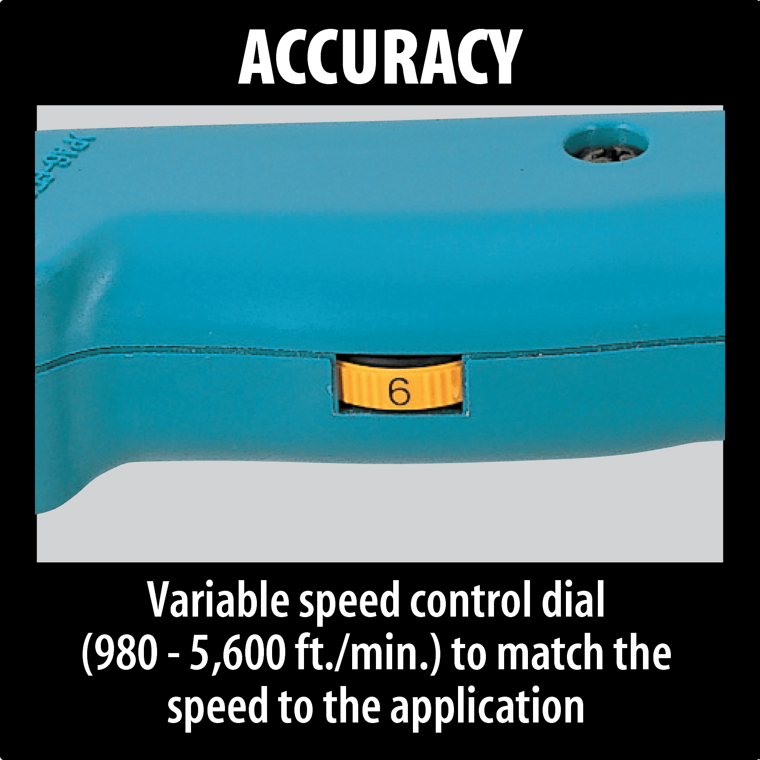 Speed control dial on the Makita 9032 belt sander adjusting surface speed from 980 to 5,600 feet per minute for material prep.
