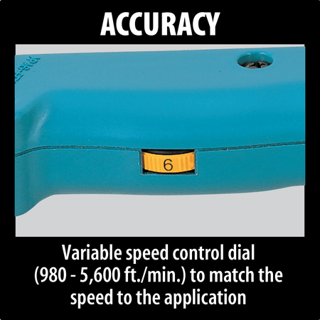 Speed control dial on the Makita 9032 belt sander adjusting surface speed from 980 to 5,600 feet per minute for material prep.