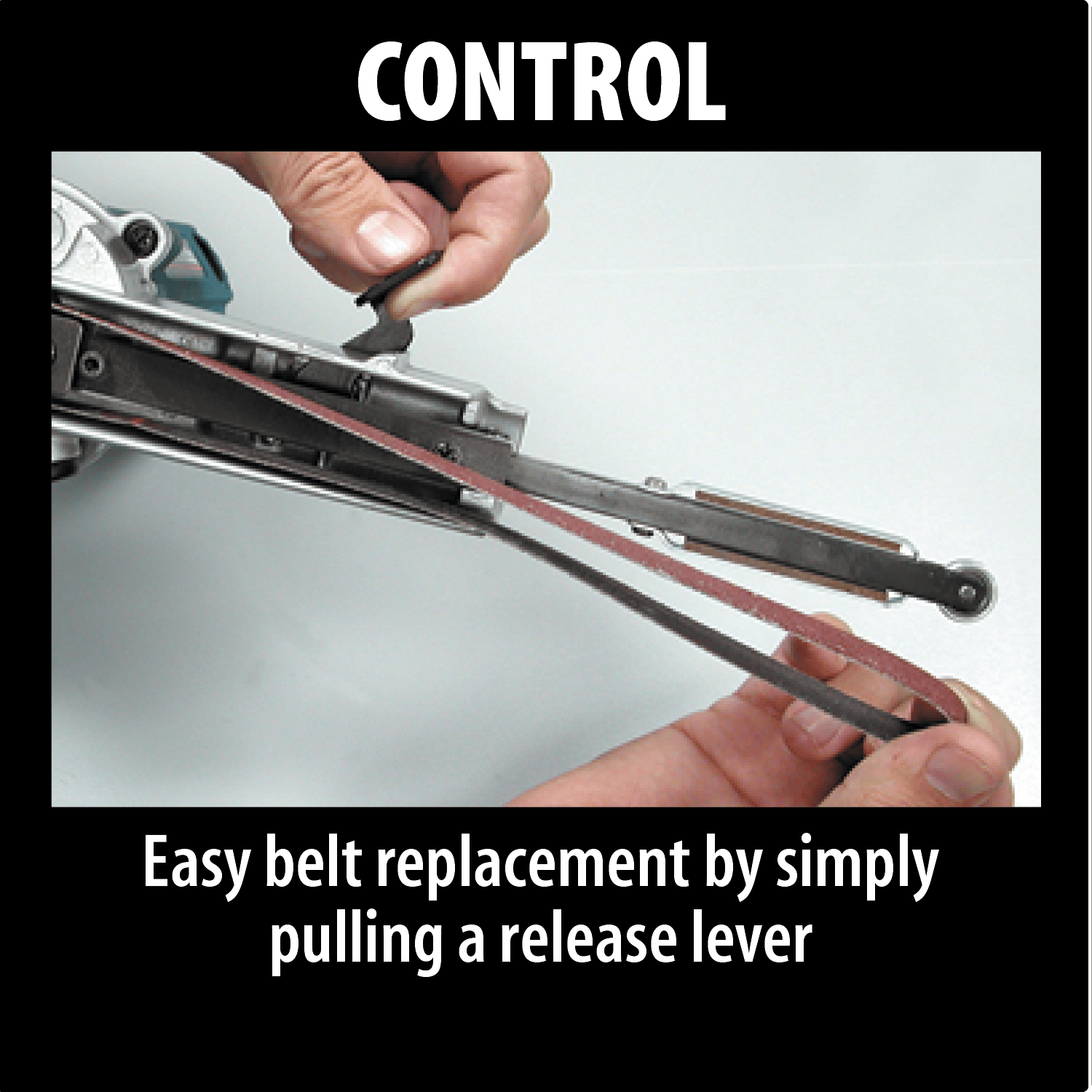Demonstration of the quick-release belt replacement lever on the Makita 9032 detail sander arm for fast abrasive swaps.