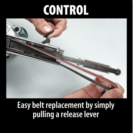 Demonstration of the quick-release belt replacement lever on the Makita 9032 detail sander arm for fast abrasive swaps.