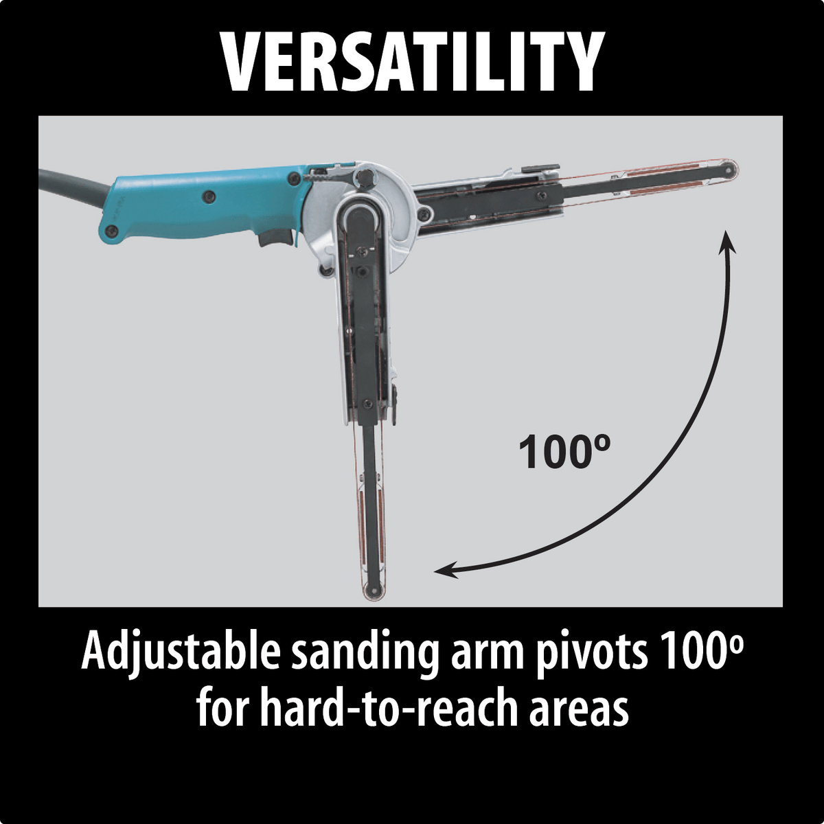 Diagram illustrating the 100-degree pivoting range of the Makita 9032 sanding arm for reaching confined interior angles.