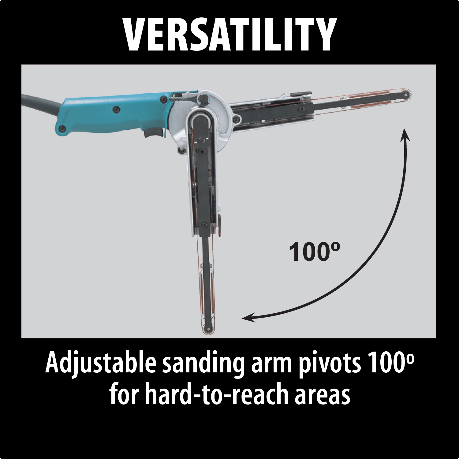 Diagram illustrating the 100-degree pivoting range of the Makita 9032 sanding arm for reaching confined interior angles.