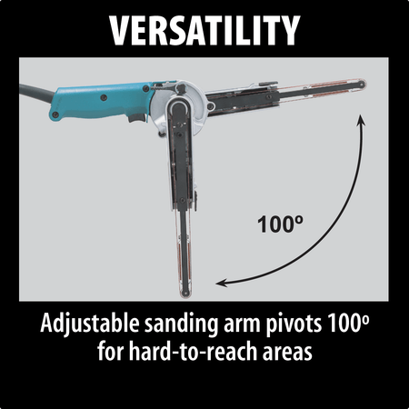 Diagram illustrating the 100-degree pivoting range of the Makita 9032 sanding arm for reaching confined interior angles.
