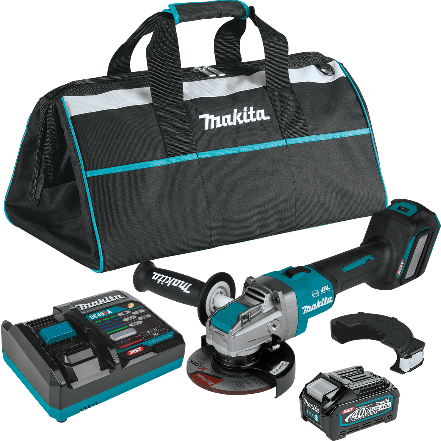 Comprehensive product kit shot including the Makita 40V Max XGT angle grinder, 4.0Ah lithium-ion battery, rapid optimum charger, grinding wheel, side handle, and heavy-duty tool bag.