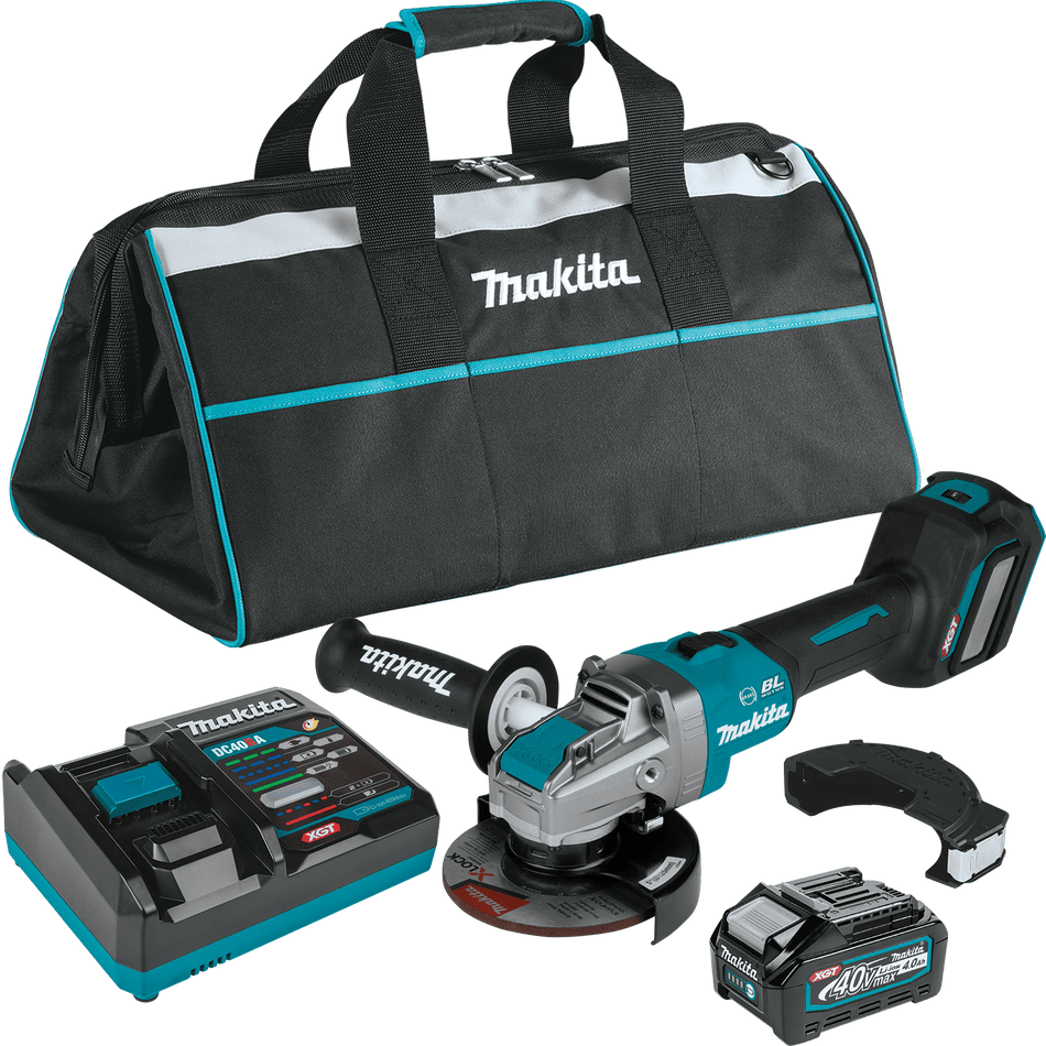 Comprehensive product kit shot including the Makita 40V Max XGT angle grinder, 4.0Ah lithium-ion battery, rapid optimum charger, grinding wheel, side handle, and heavy-duty tool bag.