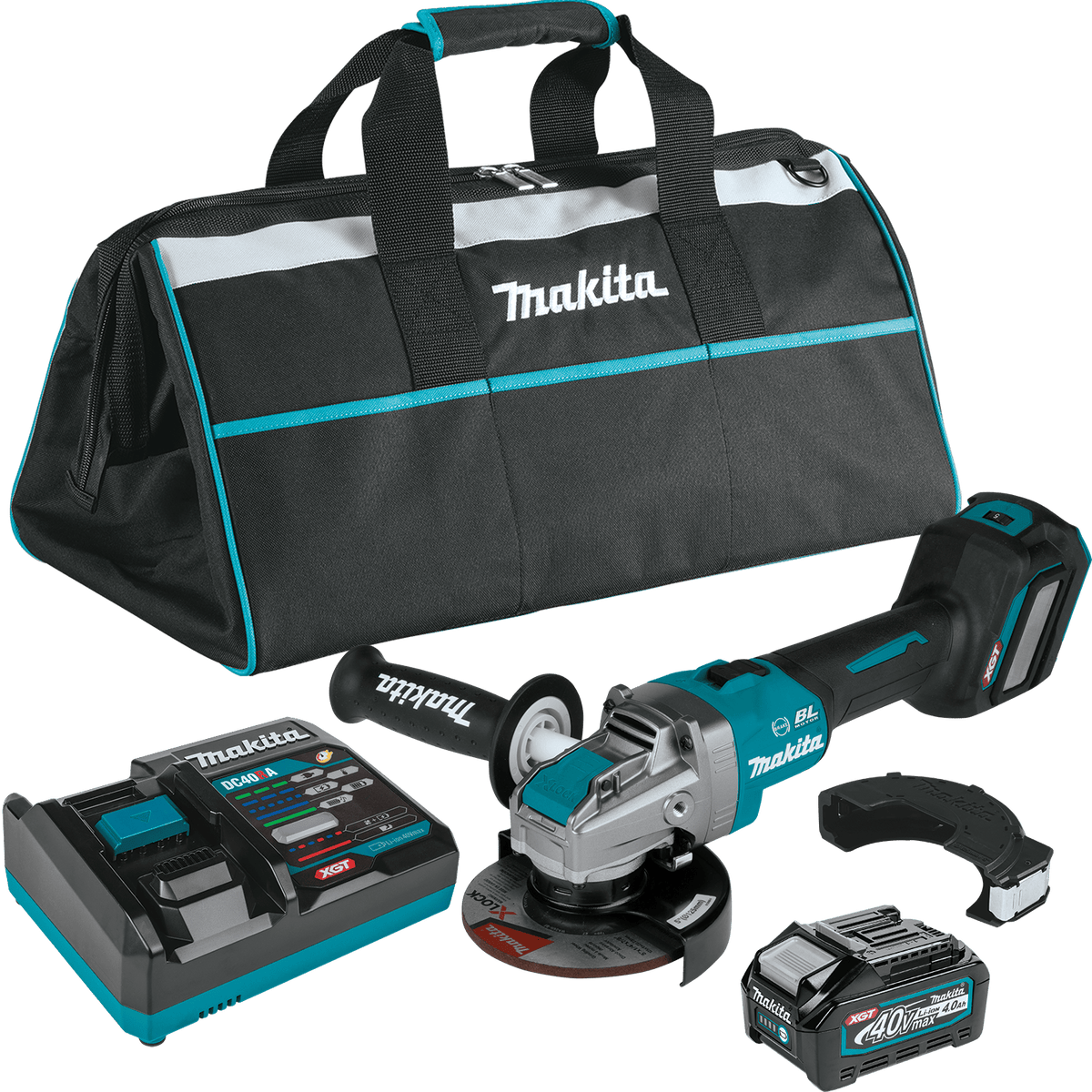 Comprehensive product kit shot including the Makita 40V Max XGT angle grinder, 4.0Ah lithium-ion battery, rapid optimum charger, grinding wheel, side handle, and heavy-duty tool bag.
